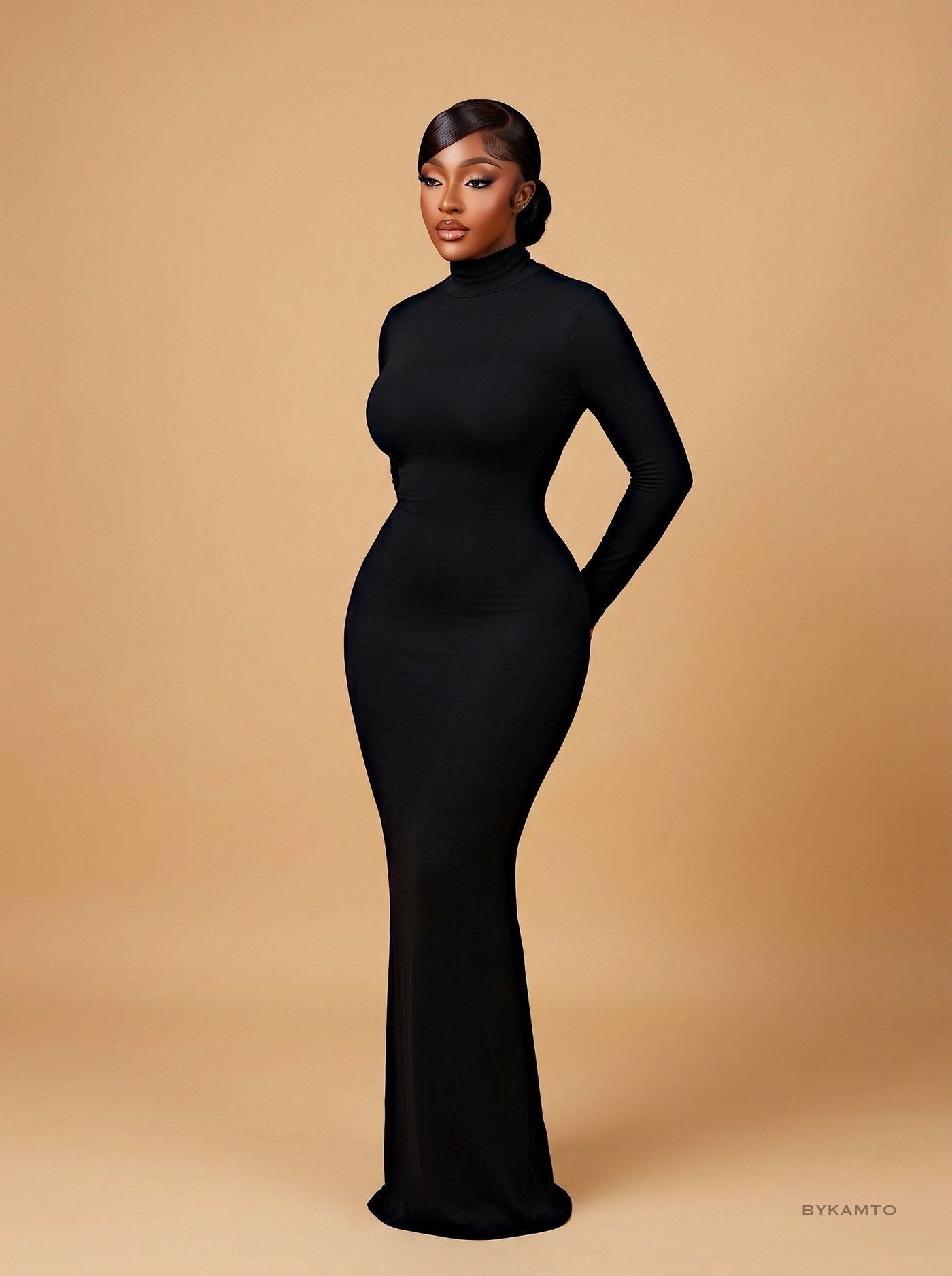 BYKAMTO birthday portrait — model in black turtleneck gown