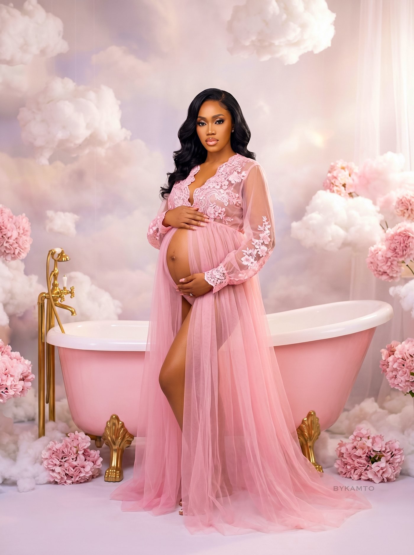 BYKAMTO maternity editorial — pink cloud and clawfoot tub set